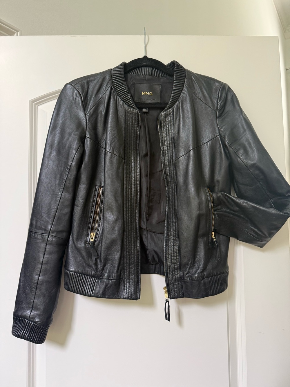 MNG Genuine Leather Black Moto Bomber Jacket Ribbed Trim Zip Front XS
